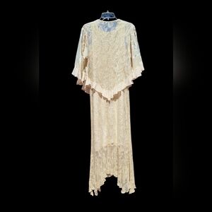 R&M Richards Mermaid Cape Dress Mother of Bride Shimmery Gold Mesh Crochet Maxi